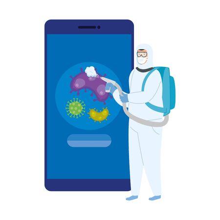 person using suit biohazard for smartphone disinfectant vector illustration designsのイラスト素材