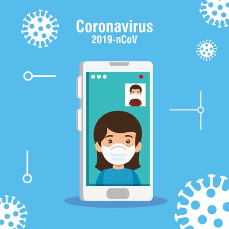 couple using face mask in video conference vector illustration designのイラスト素材