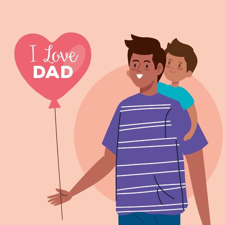 happy fathers day greeting card and dad carrying son vector illustration designのイラスト素材