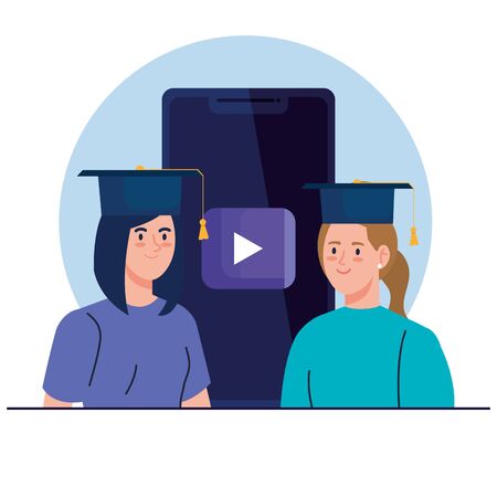 graduate women in education online by smartphone vector illustration designのイラスト素材