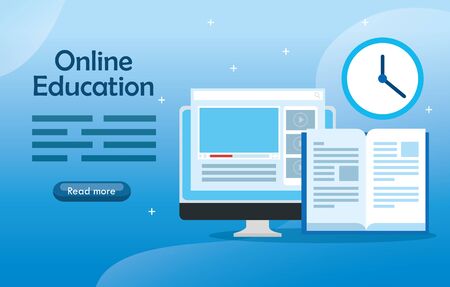 education online technology with computer and icons vector illustration designのイラスト素材