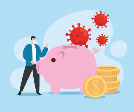 man with icons of economic impact virus illustration designのイラスト素材