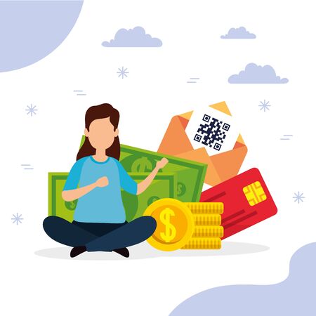 woman with code qr and icons illustration designのイラスト素材