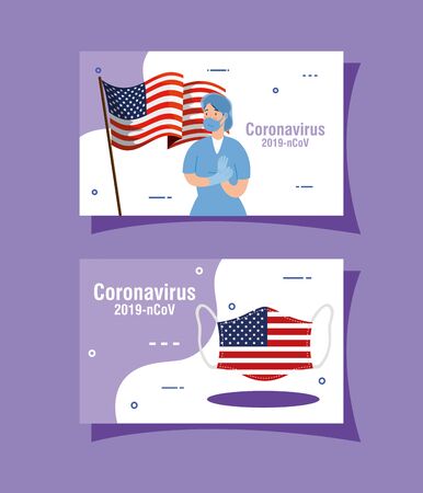 female doctor and usa flag covid19 pandemic vector illustration designのイラスト素材