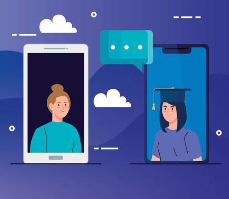 women in education online by smartphone vector illustration designのイラスト素材