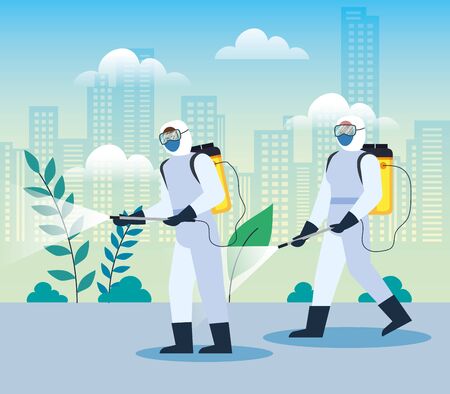 people with protective suit or spraying viruses of covid 19, desinfection virus conceptのイラスト素材