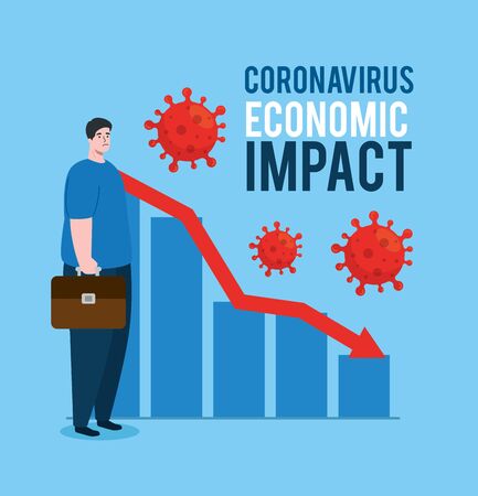 man with infographic of economic impact by covid 2019 vector illustration designのイラスト素材