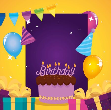 presents gifts with sweet cake and banner party to happy birthday, vector illustrationのイラスト素材