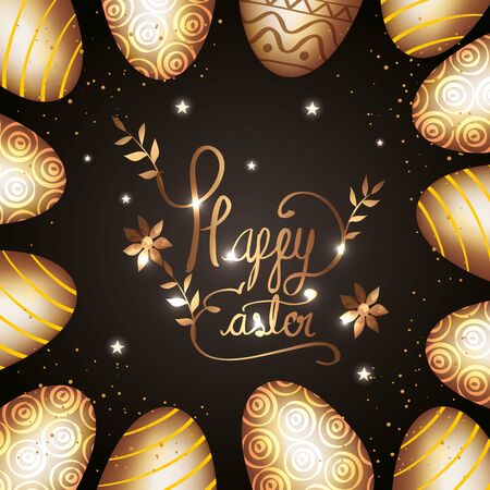 happy easter card golden with frame of eggs decorated vector illustration designのイラスト素材