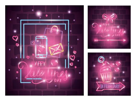 cards of valentine in neon light, valentines day vector illustration designのイラスト素材