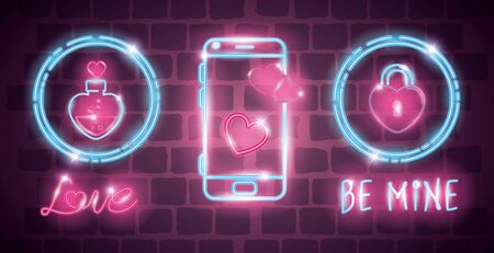 set of valentine icons in neon light illustration designのイラスト素材