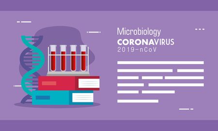 microbiology and dna structure with tubes test in books vector illustration designのイラスト素材