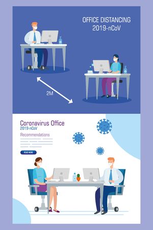 set banners campaign of social distancing at office for covid 19 vector illustration designのイラスト素材