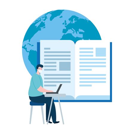 man using face mask studying online vector illustration designのイラスト素材