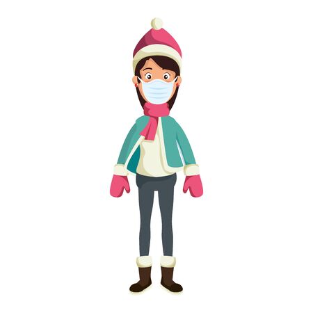 young woman wearing winter clothes using face mask vector illustration designのイラスト素材
