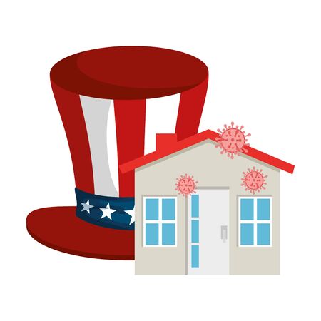 top hat traditional of usa and facade house with particles covid 19 vector illustration designのイラスト素材