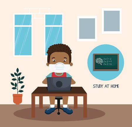 stay at home campaign with boy afro studying online vector illustration designのイラスト素材