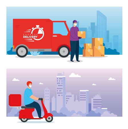 set scenes delivery workers using face mask vector illustration designのイラスト素材