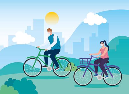landscape with couple using face mask in bike vector illustration designのイラスト素材