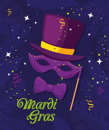 Mardi gras mask bowtie and hat design, Party carnival decoration celebration festival holiday fun new orleans and traditional theme Vector illustrationのイラスト素材