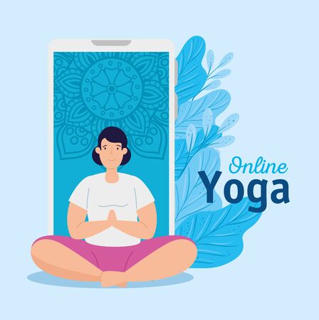 woman practicing yoga online technology vector illustration designのイラスト素材