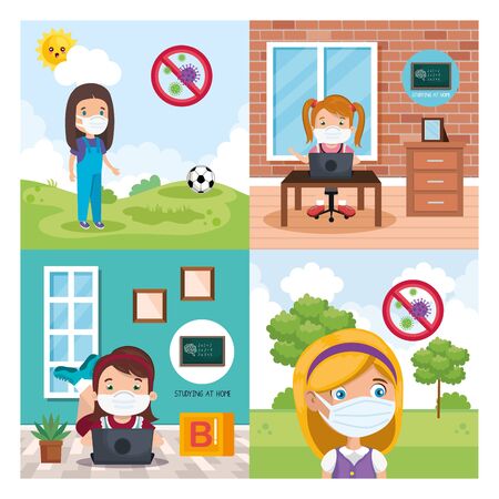 set scenes of girls using face mask vector illustration designのイラスト素材