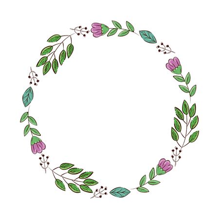 frame circular of flowers purple with branches and leafs vector illustration designのイラスト素材