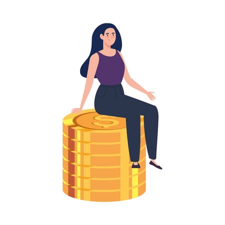pile coins with woman sitting isolated on white background vector illustration designのイラスト素材