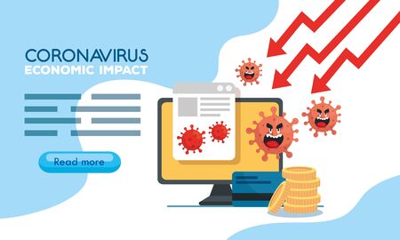coronavirus 2019 ncov impact global economy, covid 19 virus make down economy, world economic impact covid 19, computer with icons vector illustration designのイラスト素材