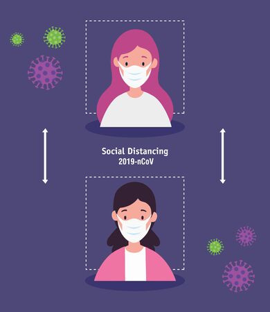 women using face mask and social distancing for covid19 vector illustration designのイラスト素材