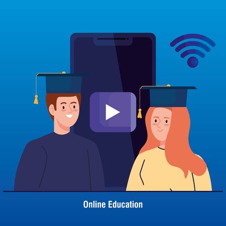 graduate couple in education online by smartphone vector illustration designのイラスト素材