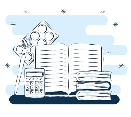 outline books with calculator and watercolor with brushpaint to back to school vector illustrationのイラスト素材