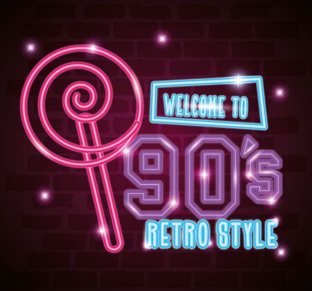 welcome to nineties retro style neon light vector illustration designのイラスト素材