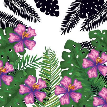 exotic leafs and flowers tropical pattern vector illustration designのイラスト素材