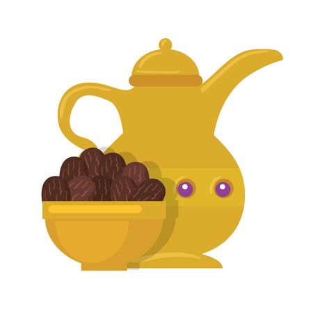 golden arabian teapot , plate with dates fruit, arabic culture heritage on white background vector illustration designのイラスト素材