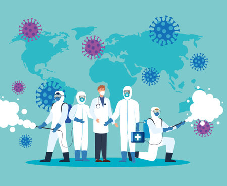 doctor and persons with protective suit for spraying the covid 19, disinfection virus concept vector...