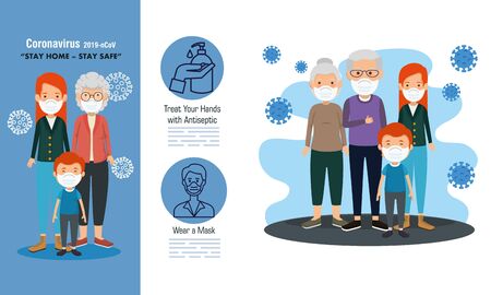 set scenes of stay at home campaign with families vector illustration designのイラスト素材