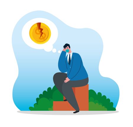 coronavirus crash, covid 19 economy collapse, sad businessman wearing surgical mask, bankruptcy concept vector illustration designのイラスト素材