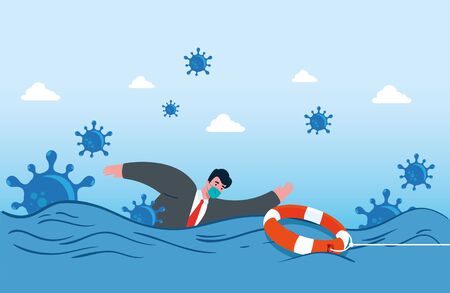 coronavirus crash, covid 19 economy collapse, businessman tries to save life in water, bankruptcy concept vector illustration designのイラスト素材