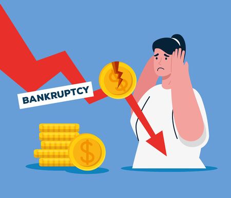coronavirus crash, covid 19 economy collapse, woman sad with arrow down and coins , bankruptcy concept vector illustration designのイラスト素材