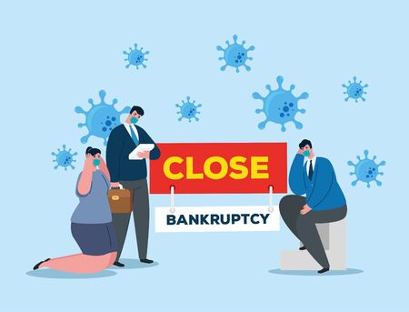 coronavirus crash, covid 19 economy collapse, business people wearing medical mask, bankruptcy concept, close company vector illustration designのイラスト素材