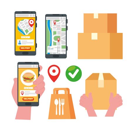 collection designs of delivery online with smartphone and boxes packages vector illustrationのイラスト素材