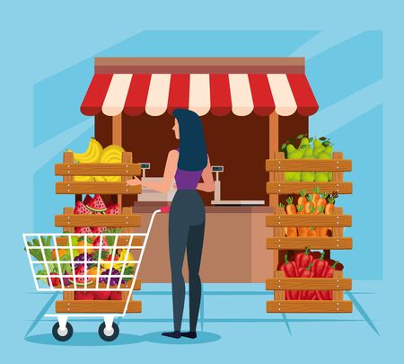 natural store with vegetables and fruits with woman customer over blue background, vector illustrationのイラスト素材