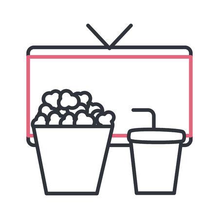 Tv pop corn and soda mug line style icon design, Television device gadget technology electronic video screen display and home theme Vector illustrationのイラスト素材