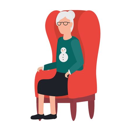 cute old woman seated in sofa comic character vector illustration designのイラスト素材