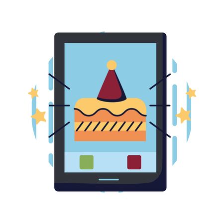 Cake and party hat inside smartphone flat style icon design, dessert food delicious sugar snack and tasty theme Vector illustrationのイラスト素材