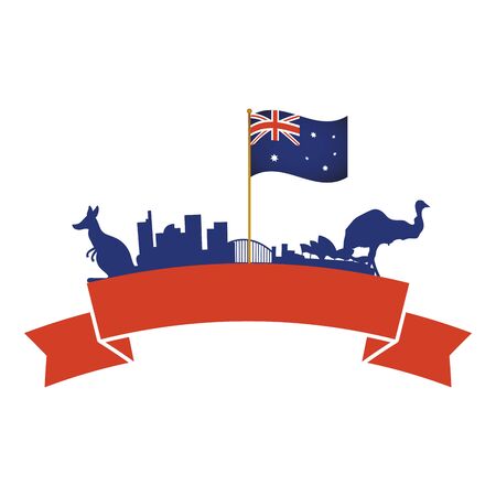 australia flag in pole with animals and monuments vector illustration designのイラスト素材