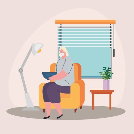 stay home, quarantine or self isolation, woman sitting in couch in the living room vector illustration designのイラスト素材