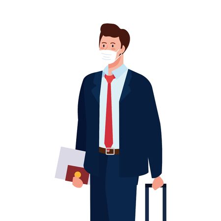 Man with medical mask and bag design, Cancelled flights travel and airport theme Vector illustrationのイラスト素材