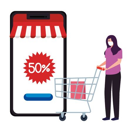 Woman with mask smartphone and shopping cart design of Online ecommerce and covid 19 virus theme Vector illustrationのイラスト素材